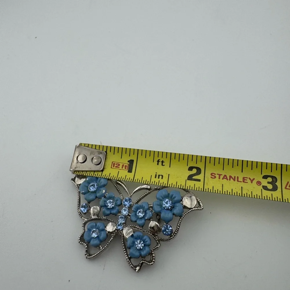 Blue Floral Butterfly‎ Brooch Silver Toned